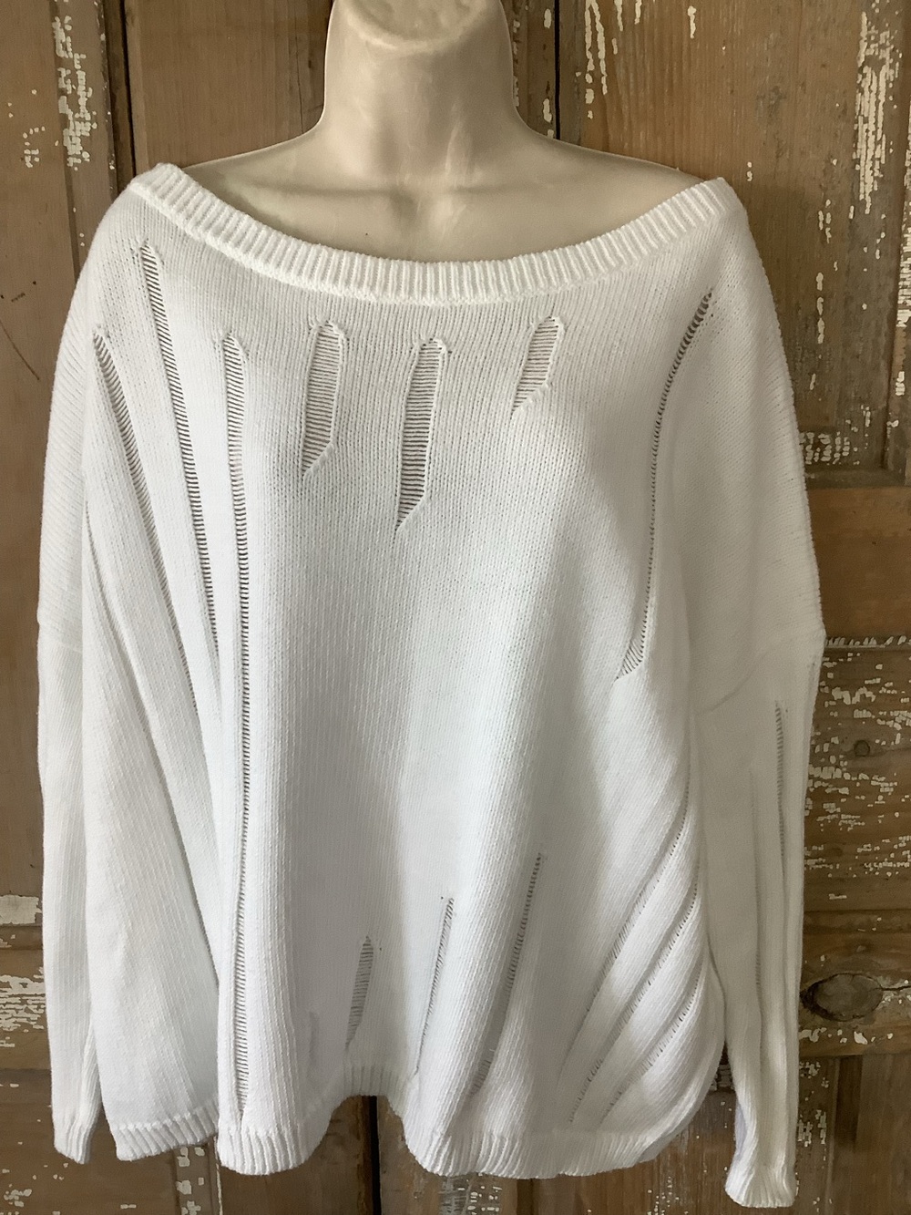 PLANET by Lauren G White Distressed Cotton Sweater One Size Peruvian
